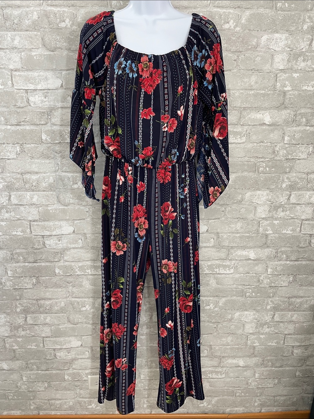 Love Ryan Navy Floral Off-Shoulder Jumpsuit with Red Floral Print
